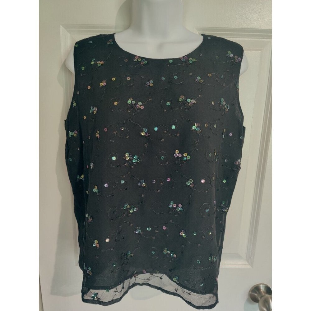 New York City Design Co Vintage Black Silk Sleeveless Rainbow Sequins Top‎ M